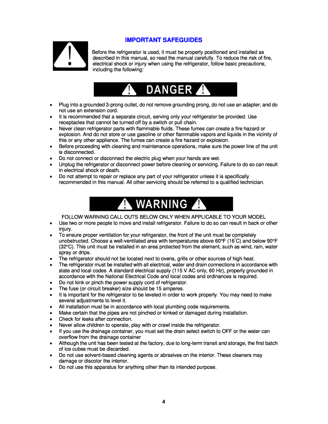 Avanti FF1008W, FF1009PS instruction manual Important Safeguides 