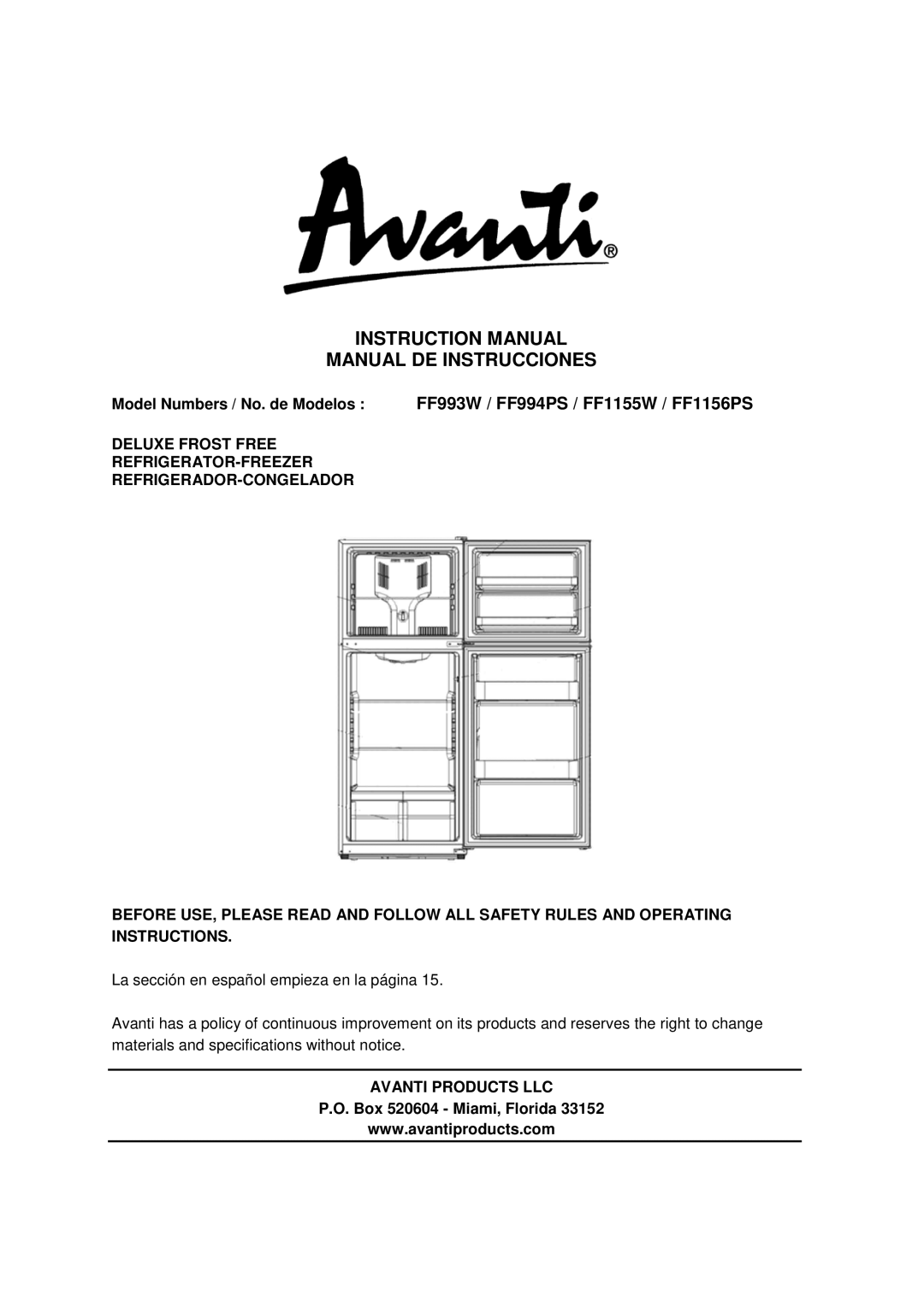 Avanti FF1155W, FF1156PS instruction manual Manual DE Instrucciones, Avanti Products LLC, Box 520604 Miami, Florida 