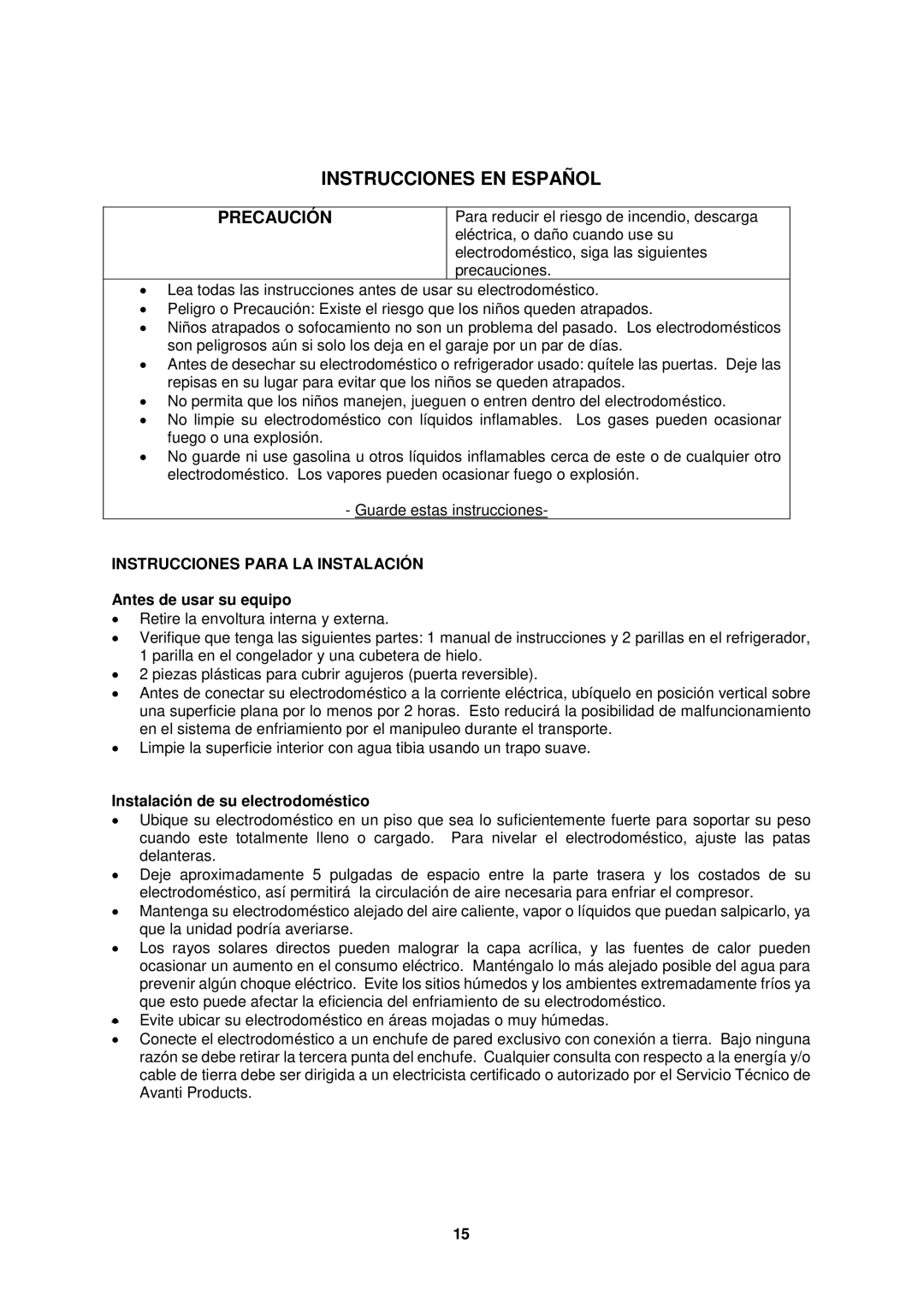 Avanti FF1155W, FF1156PS Instrucciones EN Español, Instrucciones Para LA Instalación, Antes de usar su equipo 