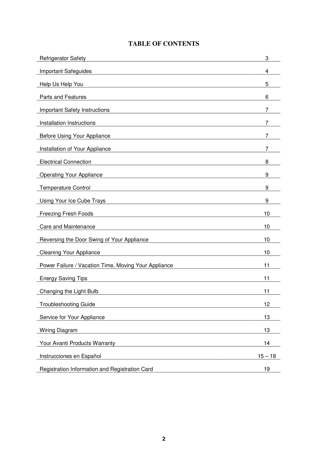 Avanti FF1156PS, FF1155W instruction manual Table of Contents 