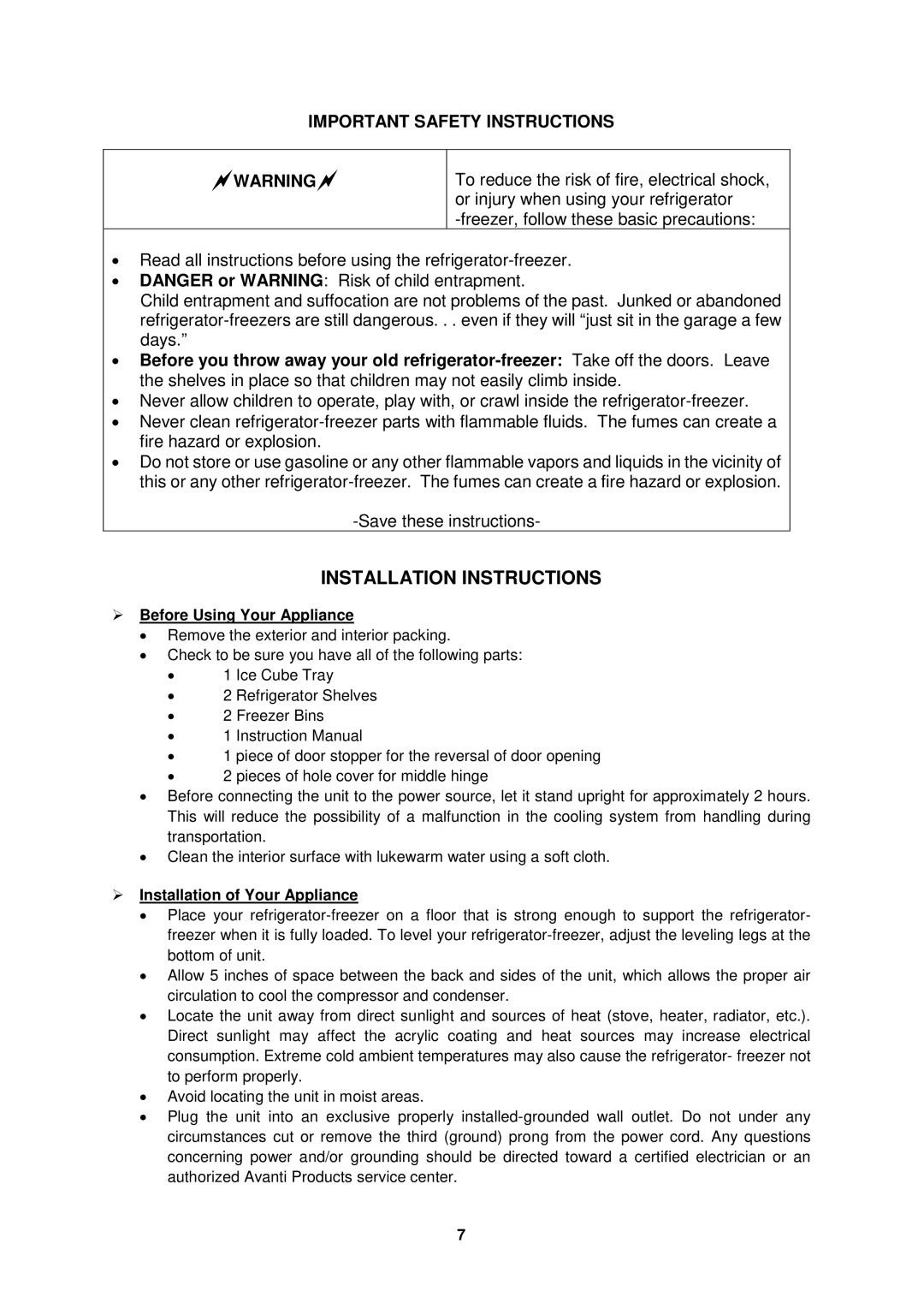 Avanti FF1155W, FF1156PS Installation Instructions,  Before Using Your Appliance,  Installation of Your Appliance 