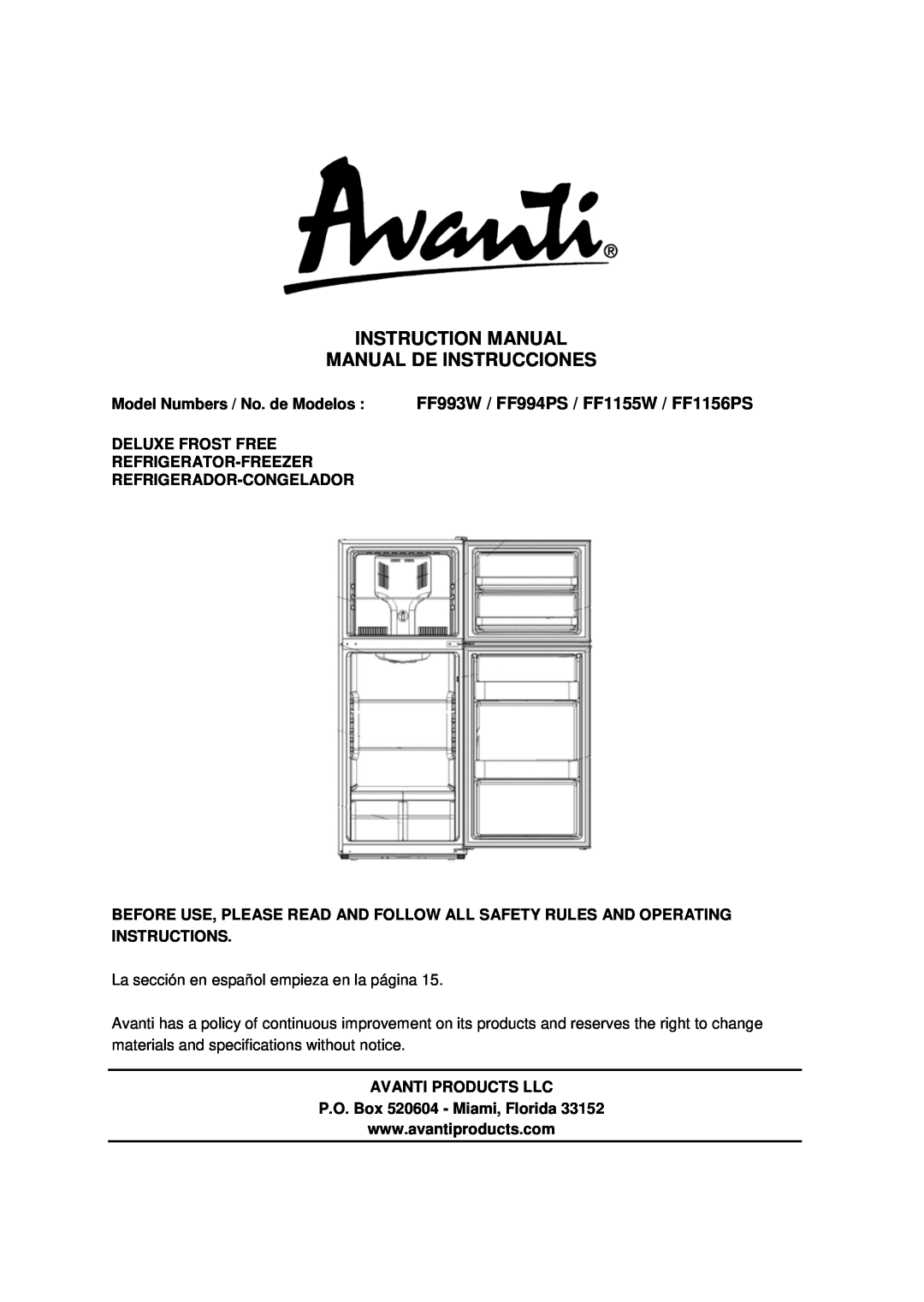 Avanti FF1155W instruction manual Deluxe Frost Free Refrigerator-Freezer, Refrigerador-Congelador, Avanti Products Llc 