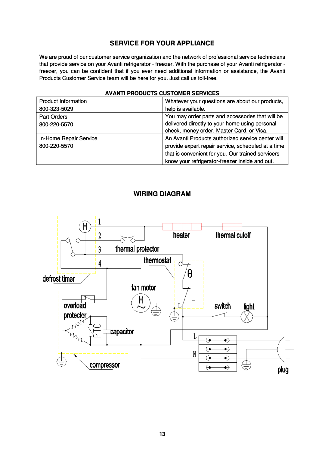Avanti FF1155W, FF1156PS instruction manual Service For Your Appliance, Wiring Diagram, Avanti Products Customer Services 