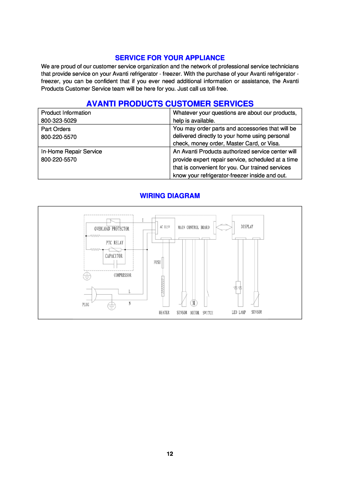 Avanti FF1212W, FF1213PS instruction manual Service For Your Appliance, Wiring Diagram, Avanti Products Customer Services 