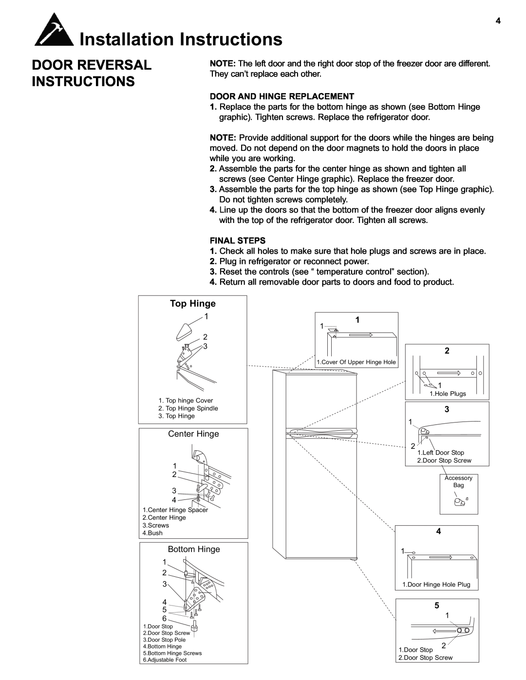 Avanti FF1212W Installation Instructions, Door Reversal Instructions, Top Hinge, Door And Hinge Replacement, Final Steps 