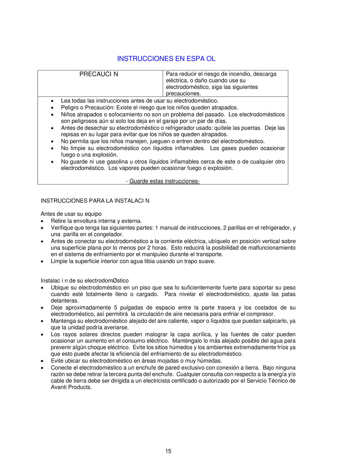 Avanti FF430W, FF431PS Instrucciones EN Español, Instrucciones Para LA Instalación, Antes de usar su equipo 