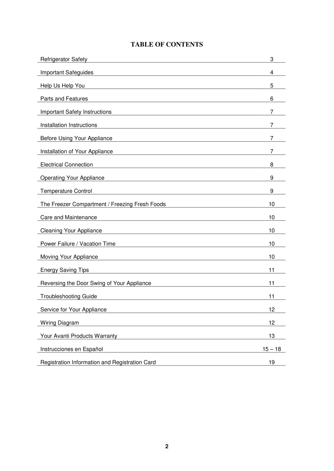 Avanti FF431PS, FF430W instruction manual Table of Contents 