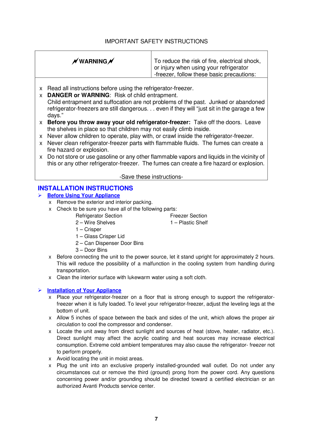 Avanti FF430W, FF431PS Installation Instructions,  Before Using Your Appliance,  Installation of Your Appliance 