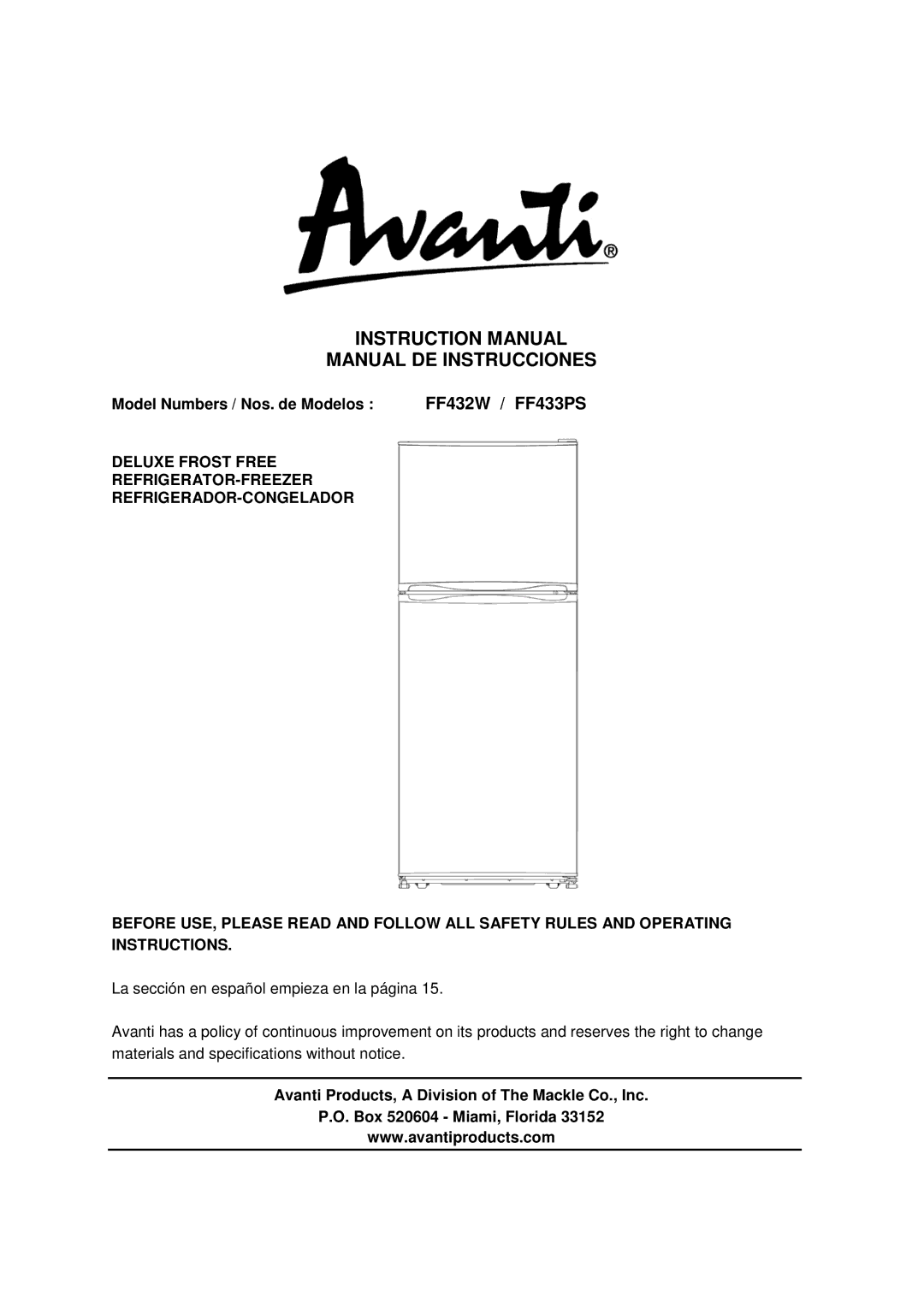 Avanti FF433PS, FF432W instruction manual Manual DE Instrucciones, Model Numbers / Nos. de Modelos 