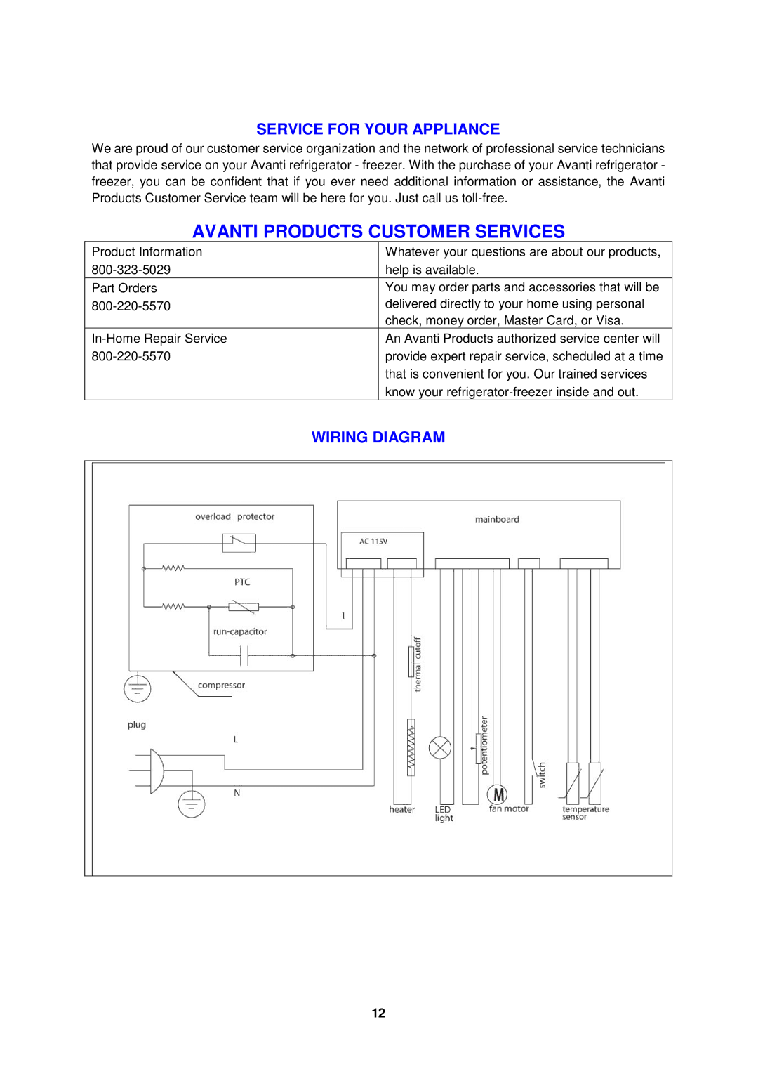 Avanti FF432W, FF433PS instruction manual Service for Your Appliance, Wiring Diagram 