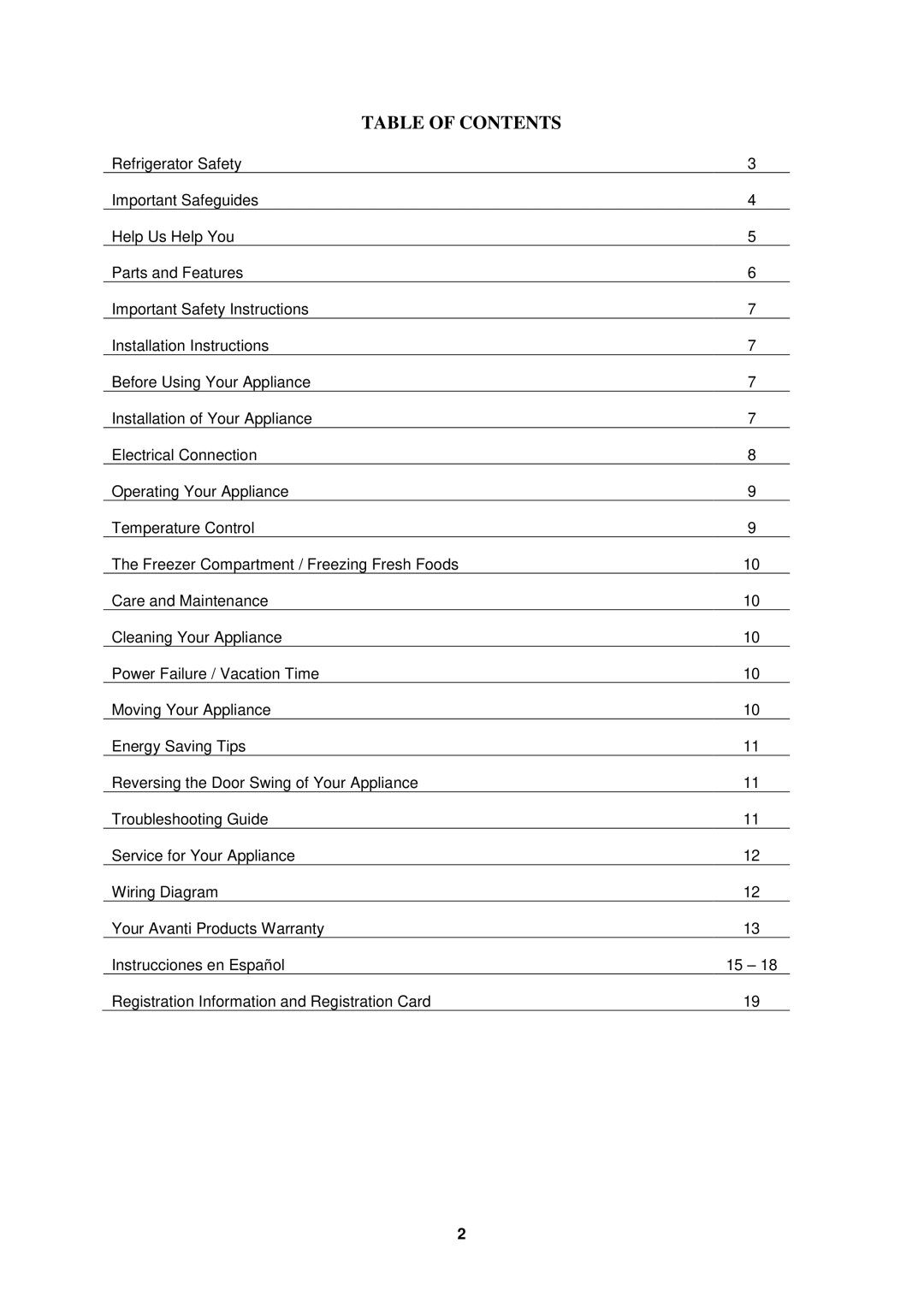 Avanti FF432W, FF433PS instruction manual Table of Contents 