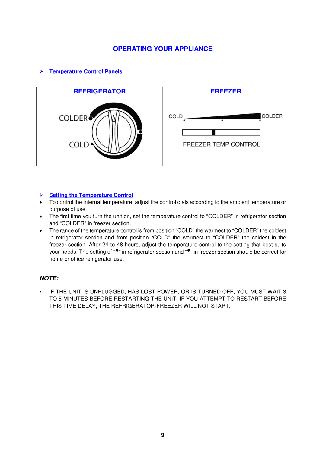 Avanti FF433PS, FF432W instruction manual Operating Your Appliance, Refrigerator Freezer,  Temperature Control Panels 