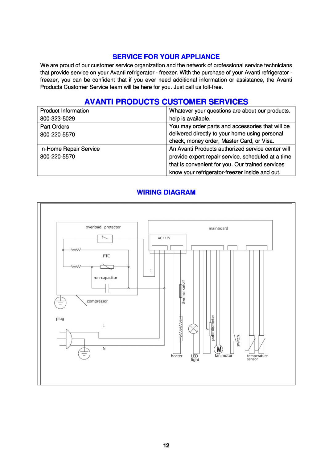 Avanti FF432W, FF433PS instruction manual Service For Your Appliance, Wiring Diagram, Avanti Products Customer Services 