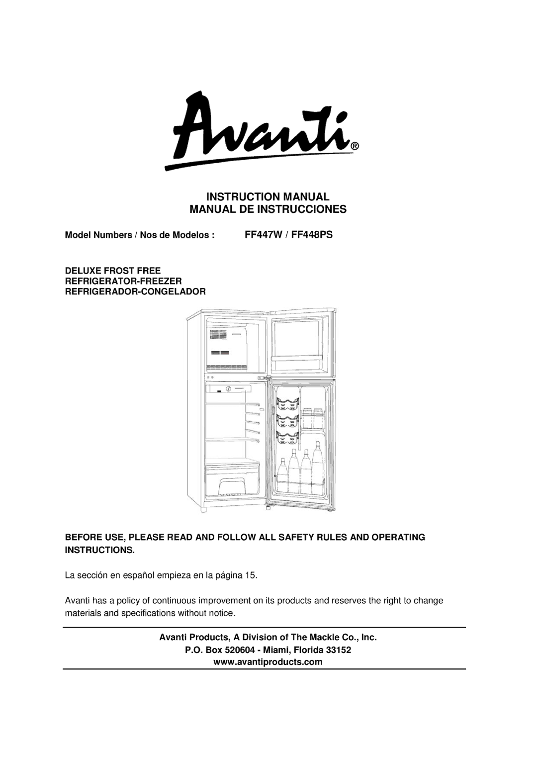 Avanti FF448PS, FF447W instruction manual Manual DE Instrucciones, Model Numbers / Nos de Modelos 