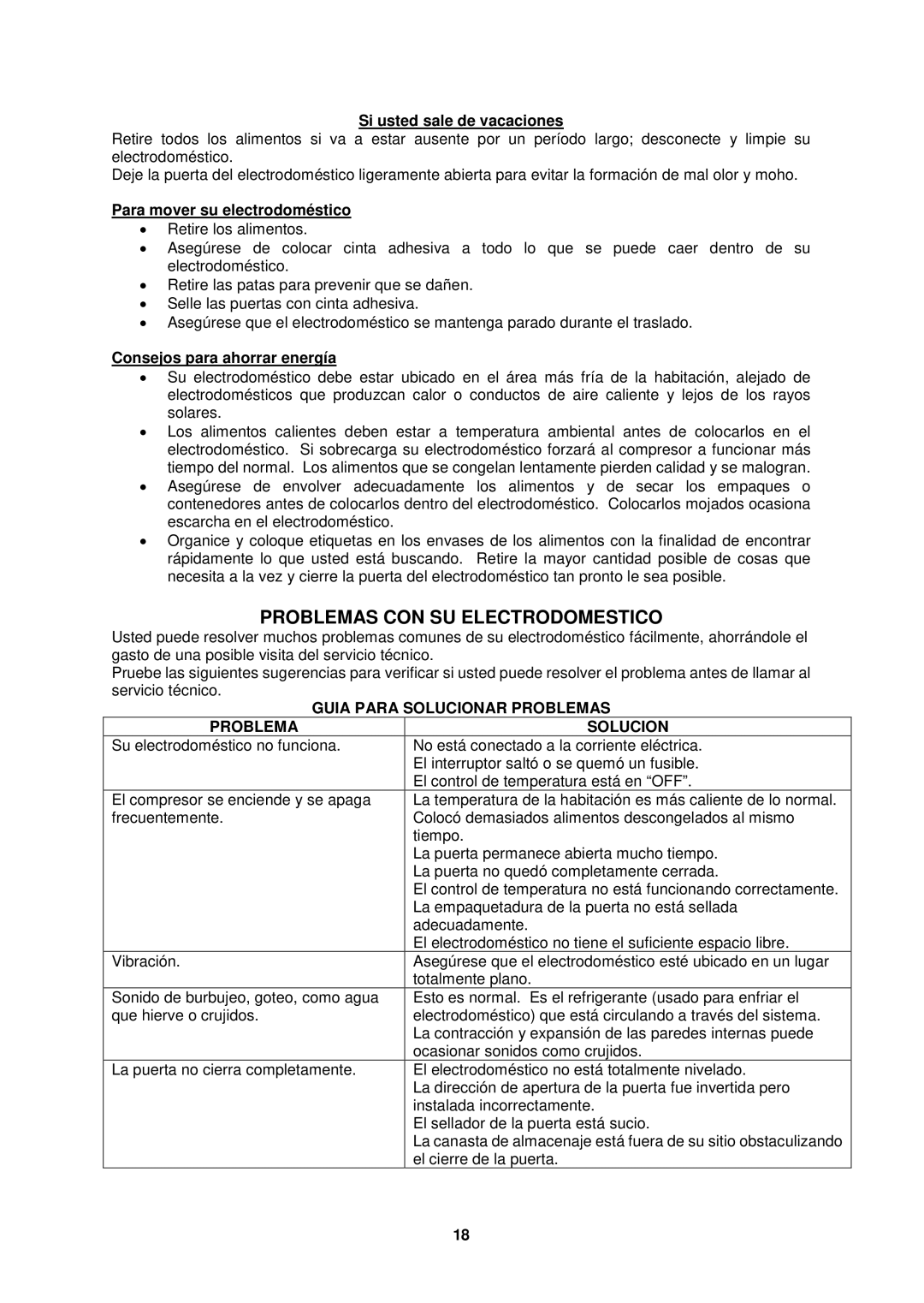 Avanti FF447W, FF448PS Problemas CON SU Electrodomestico, Si usted sale de vacaciones, Para mover su electrodoméstico 