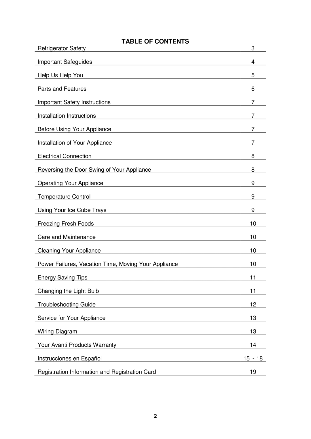 Avanti FF447W, FF448PS instruction manual Table of Contents 