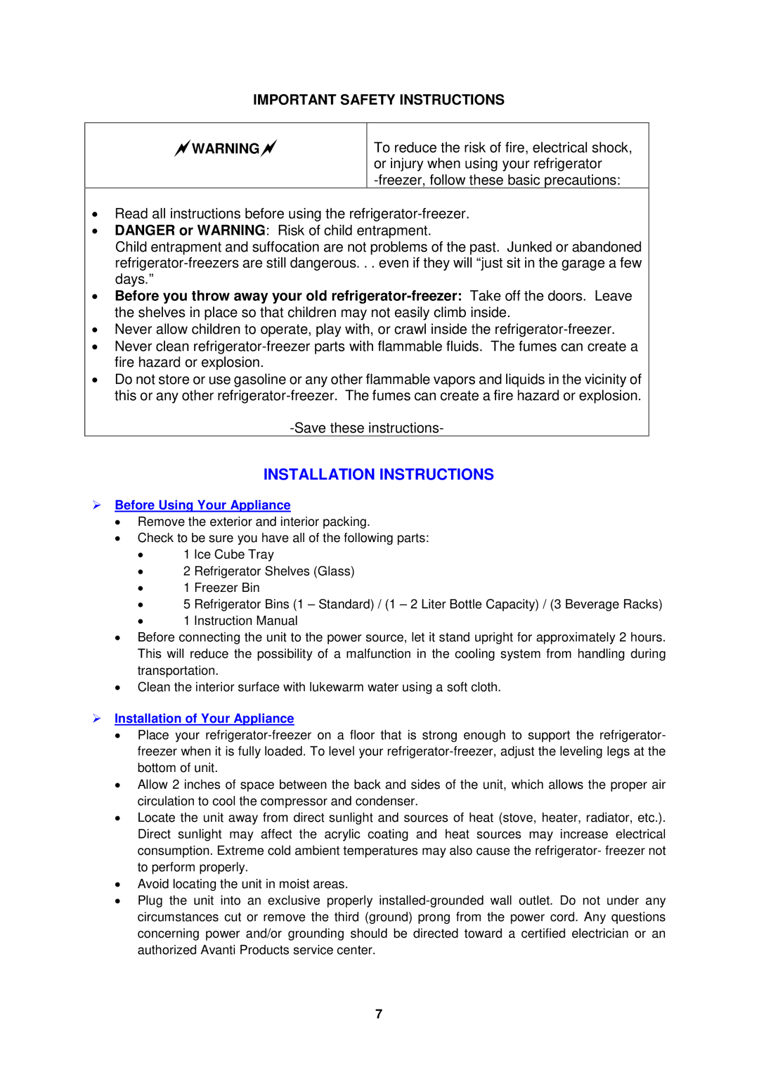 Avanti FF448PS, FF447W Installation Instructions,  Before Using Your Appliance,  Installation of Your Appliance 