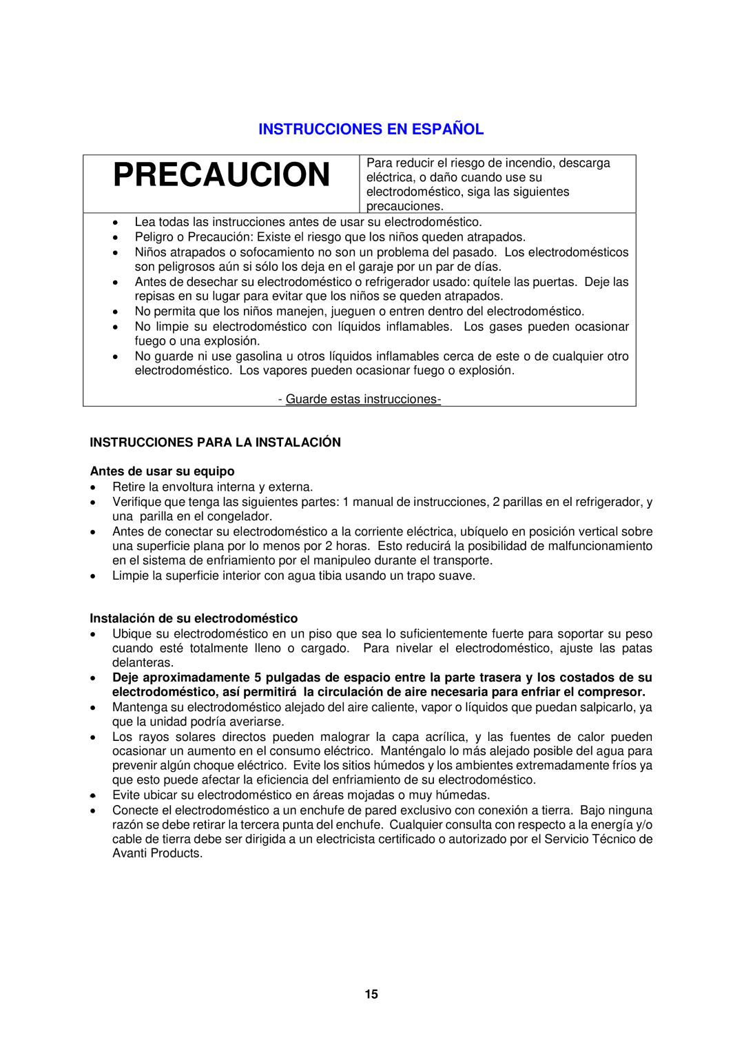 Avanti FF45016PS, FF45006W Instrucciones EN Español, Instrucciones Para LA Instalación, Antes de usar su equipo 