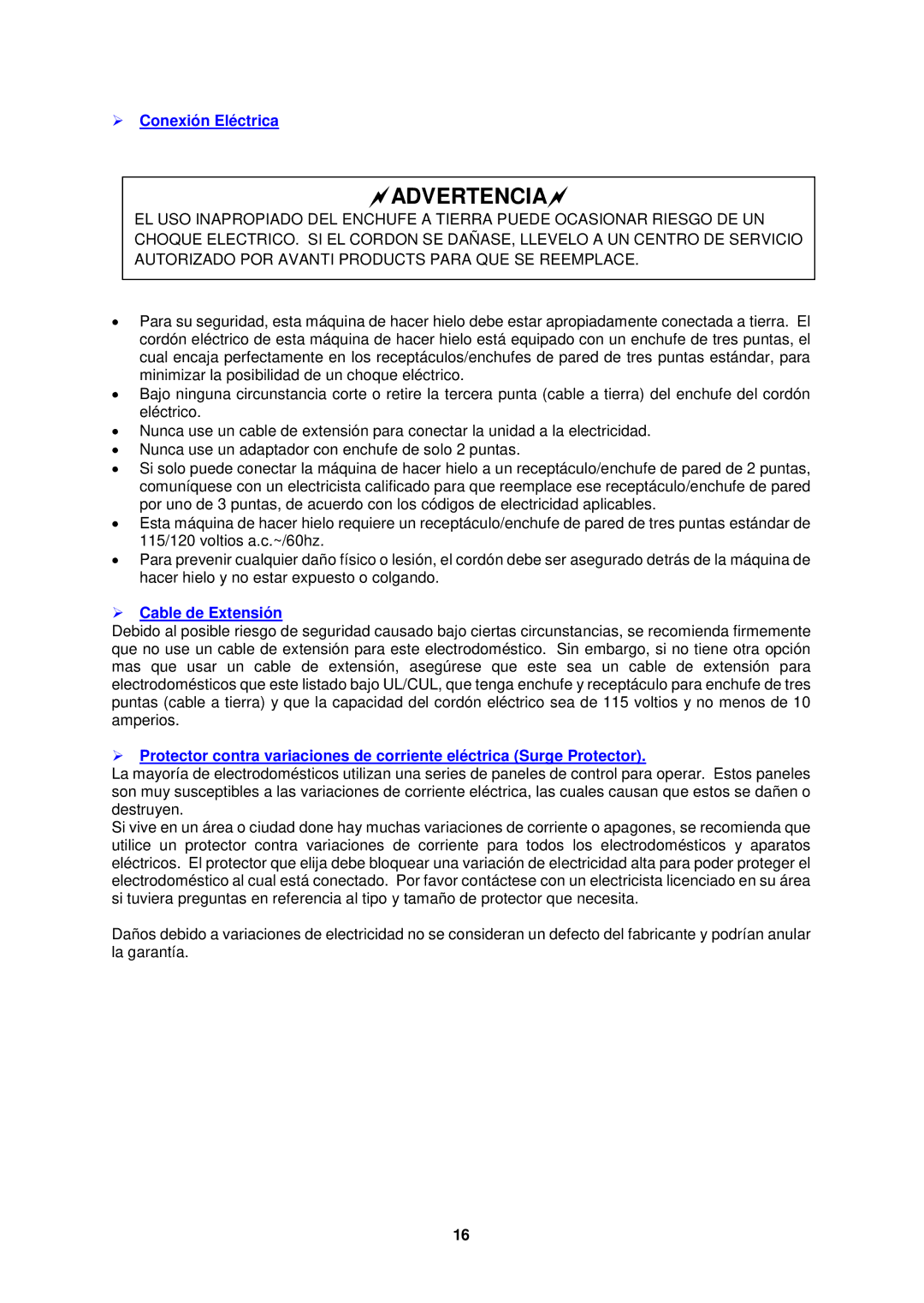 Avanti FF45006W, FF45016PS instruction manual  Conexión Eléctrica,  Cable de Extensión 