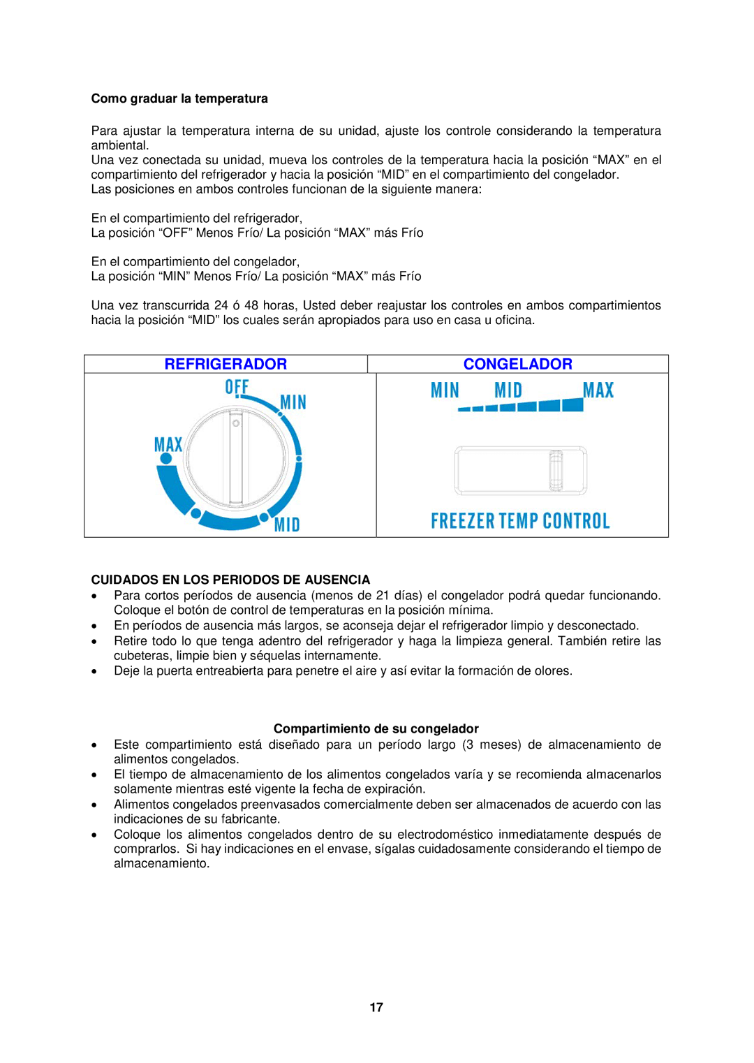 Avanti FF45016PS, FF45006W Refrigerador Congelador, Como graduar la temperatura, Cuidados EN LOS Periodos DE Ausencia 