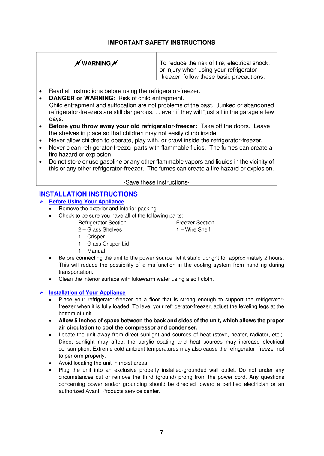 Avanti FF45016PS, FF45006W Installation Instructions,  Before Using Your Appliance,  Installation of Your Appliance 