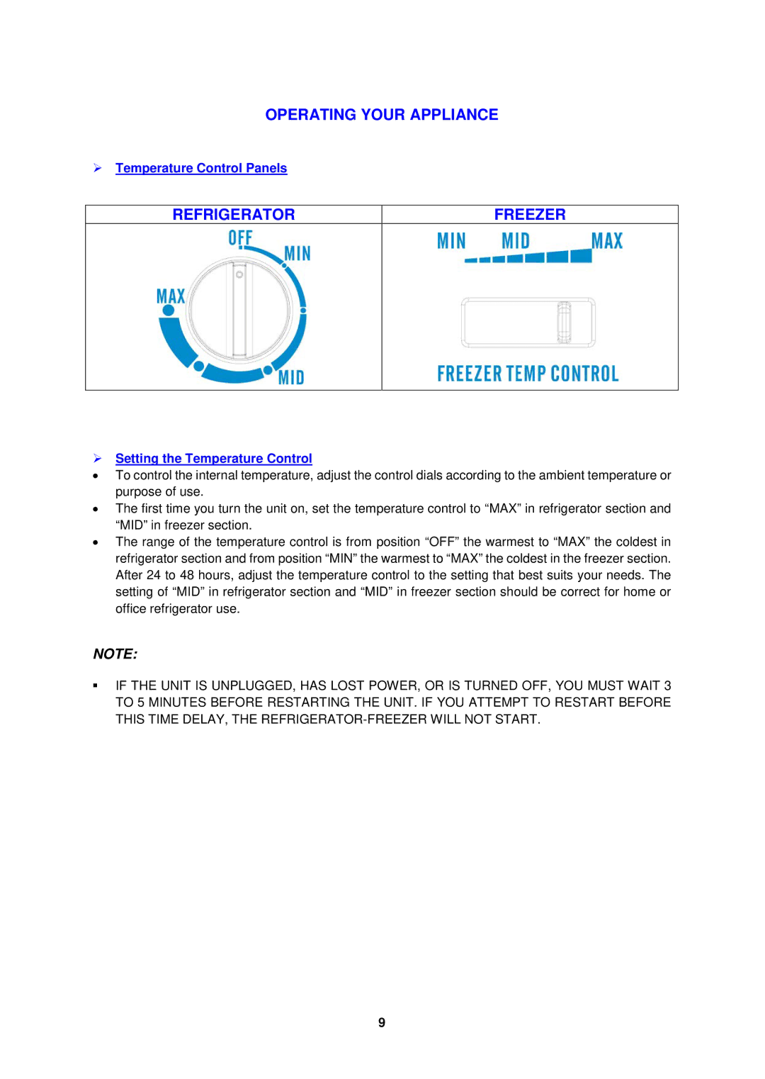 Avanti FF45016PS, FF45006W instruction manual Operating Your Appliance, Refrigerator Freezer,  Temperature Control Panels 