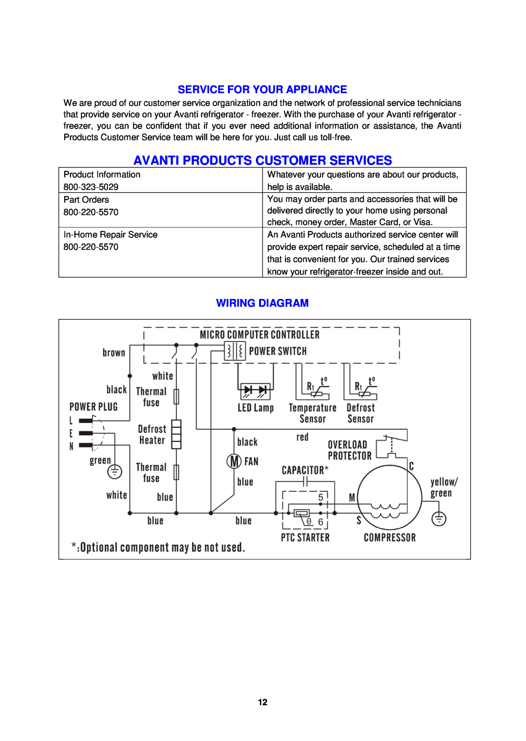 Avanti FF45006W, FF45016PS instruction manual Service For Your Appliance, Wiring Diagram, Avanti Products Customer Services 