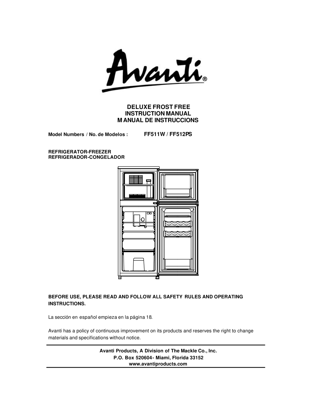 Avanti FF511W, FF512PS instruction manual Deluxe Frost Free Anual DE Instruccions, Model Numbers / No. de Modelos 