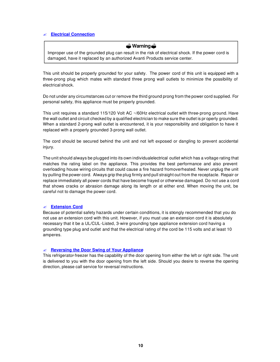 Avanti FF512PS, FF511W ? Electrical Connection, ? Extension Cord, ? Reversing the Door Swing of Your Appliance 