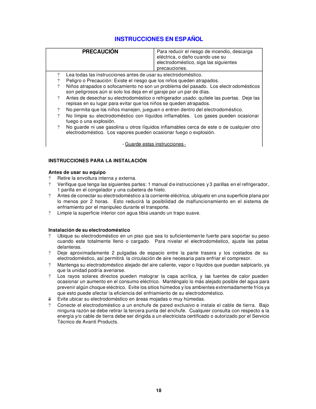 Avanti FF512PS, FF511W Instrucciones EN Español, Instrucciones Para LA Instalación, Antes de usar su equipo 