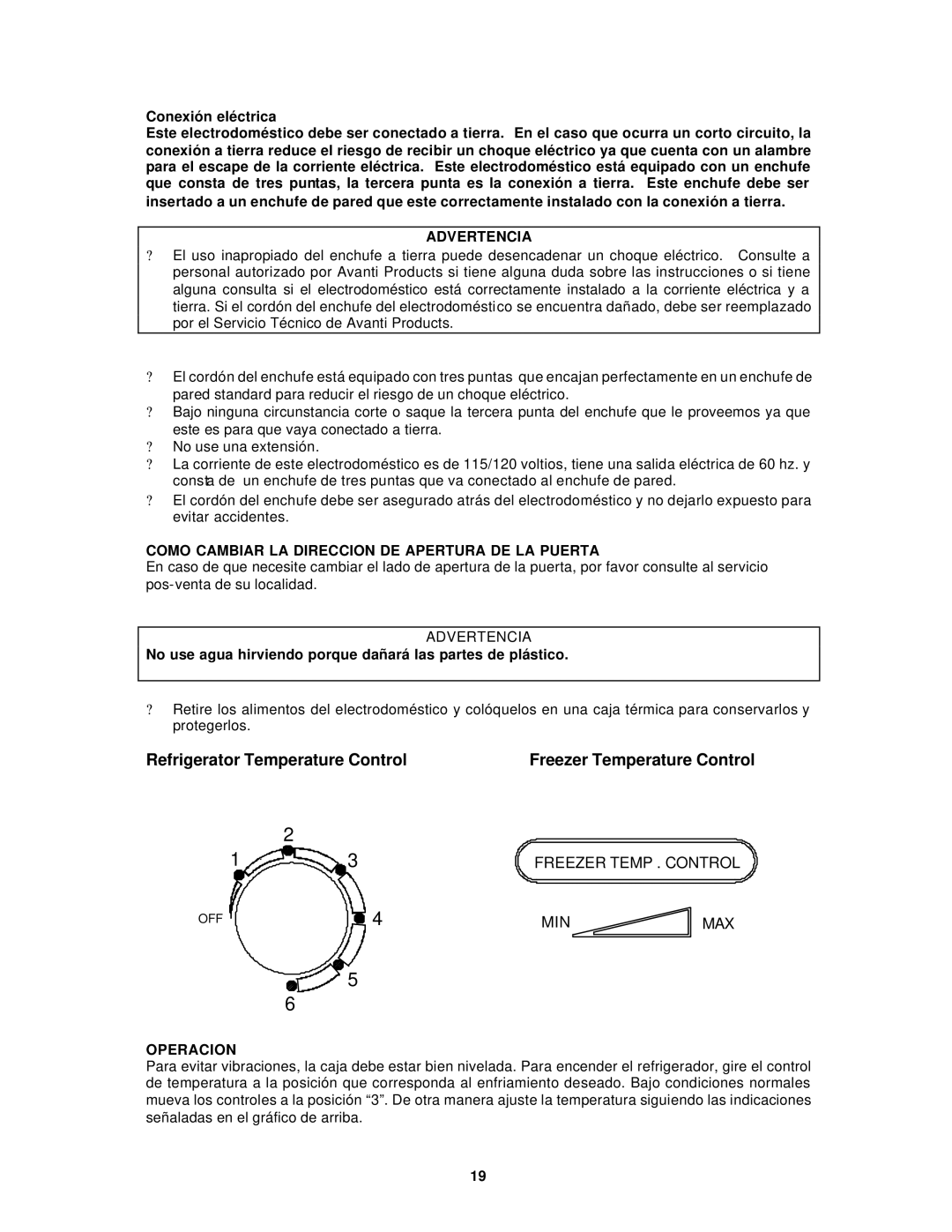 Avanti FF511W, FF512PS instruction manual Advertencia, Como Cambiar LA Direccion DE Apertura DE LA Puerta, Operacion 