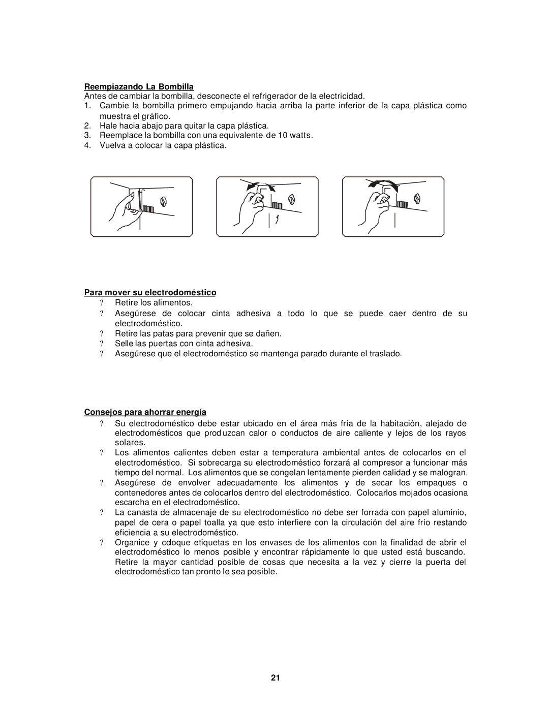 Avanti FF511W, FF512PS Reempiazando La Bombilla, Para mover su electrodoméstico, Consejos para ahorrar energía 