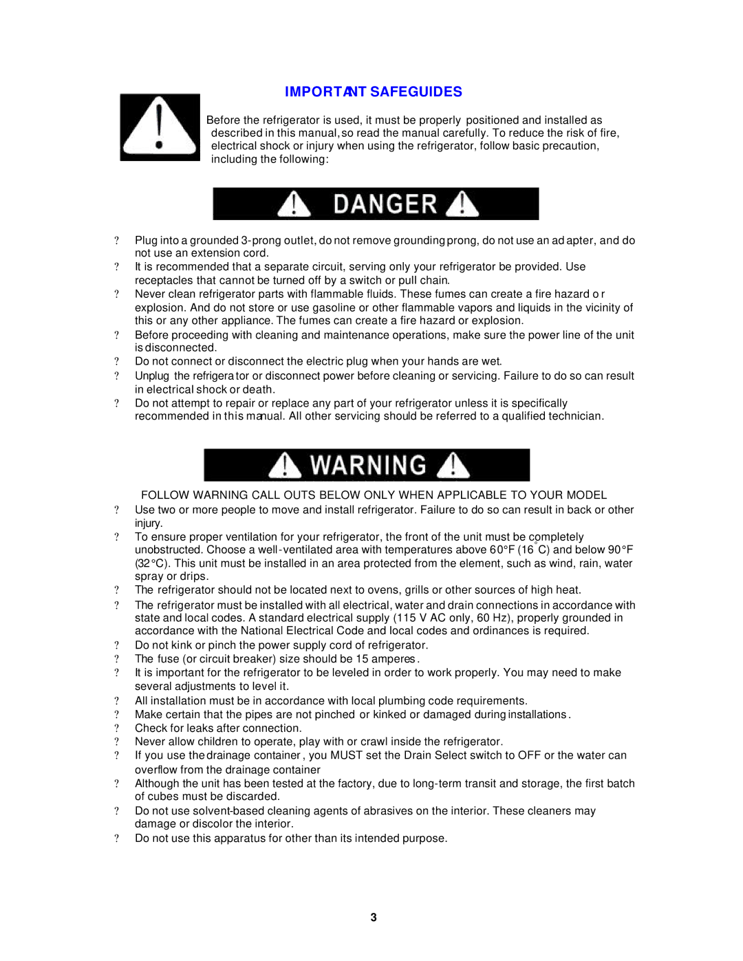 Avanti FF511W, FF512PS instruction manual Important Safeguides 