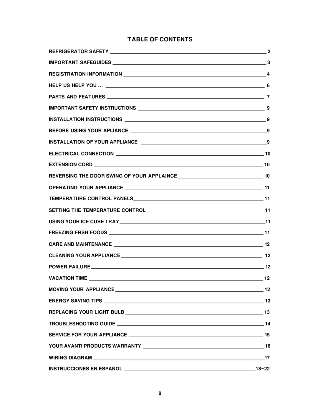 Avanti FF512PS, FF511W instruction manual Table of Contents 