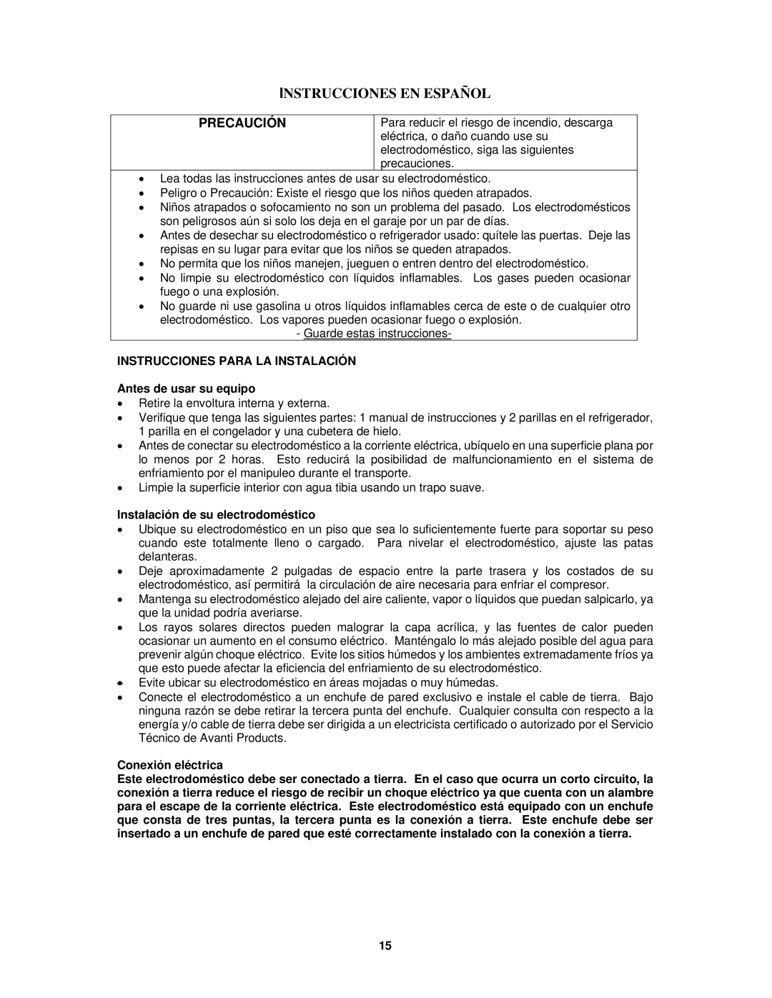 Avanti FF514PS, FF513W Instrucciones Para LA Instalación, Antes de usar su equipo, Instalación de su electrodoméstico 