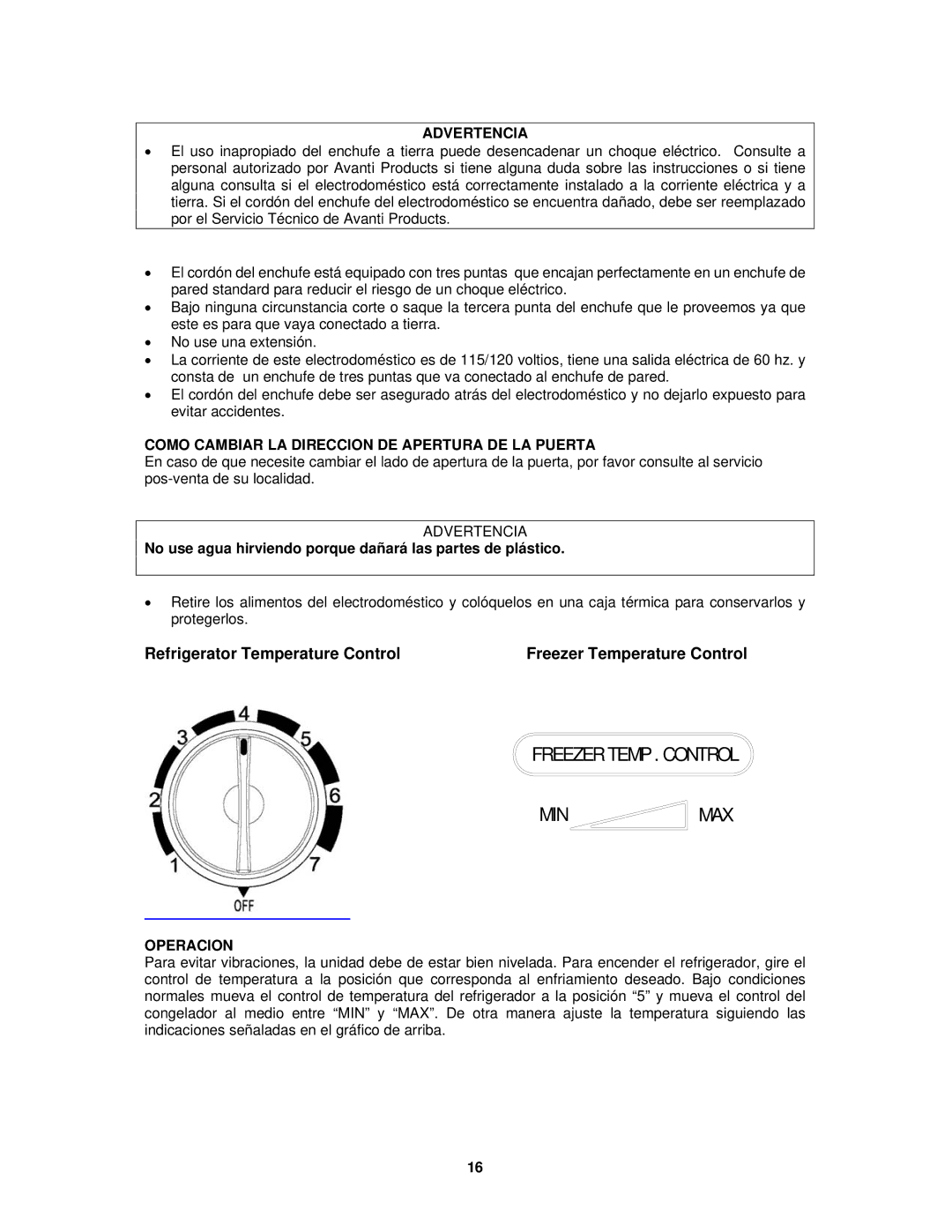 Avanti FF513W, FF514PS instruction manual Advertencia, Como Cambiar LA Direccion DE Apertura DE LA Puerta, Operacion 