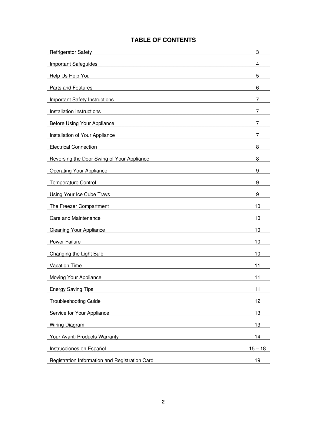 Avanti FF513W, FF514PS instruction manual Table of Contents 