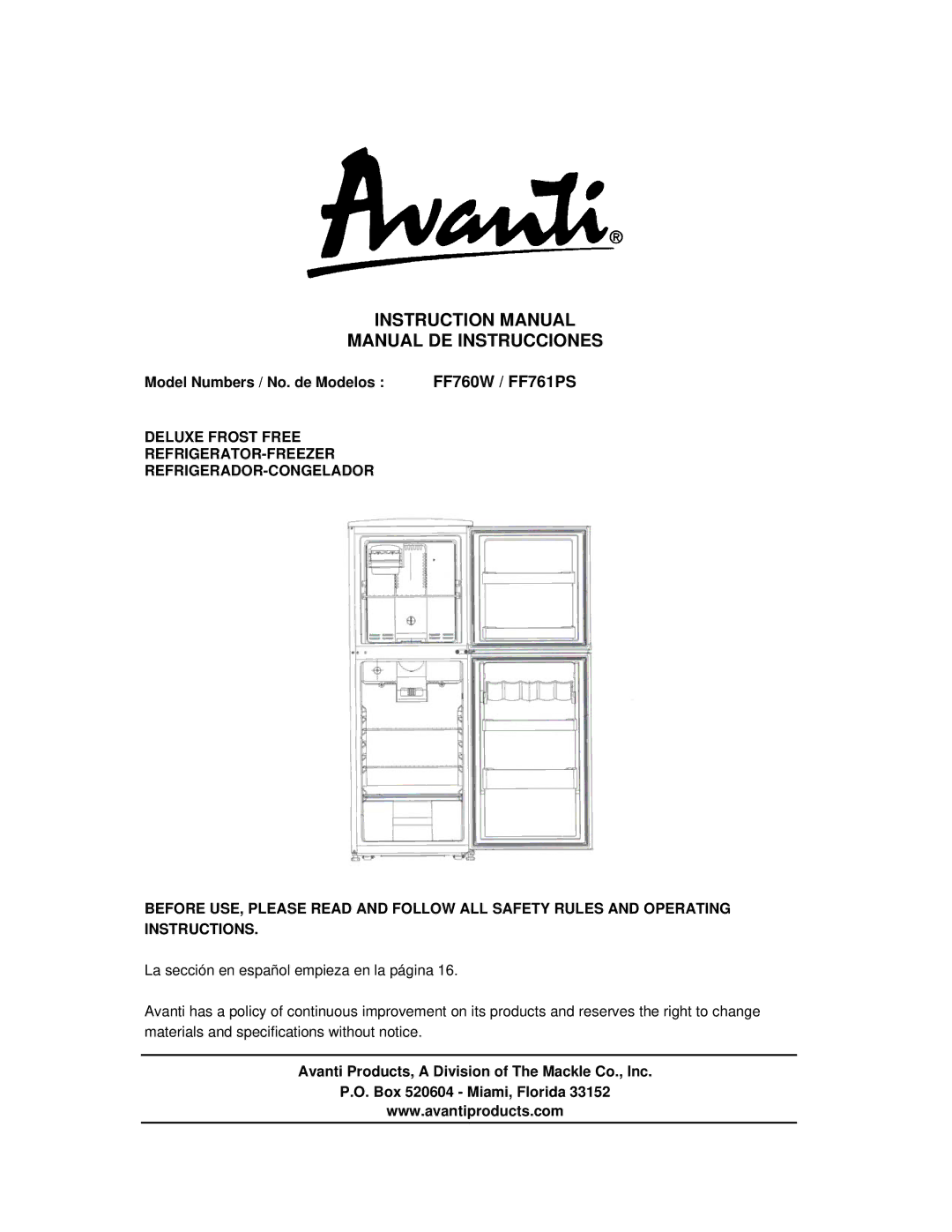 Avanti instruction manual Manual DE Instrucciones, Model Numbers / No. de Modelos FF760W / FF761PS 