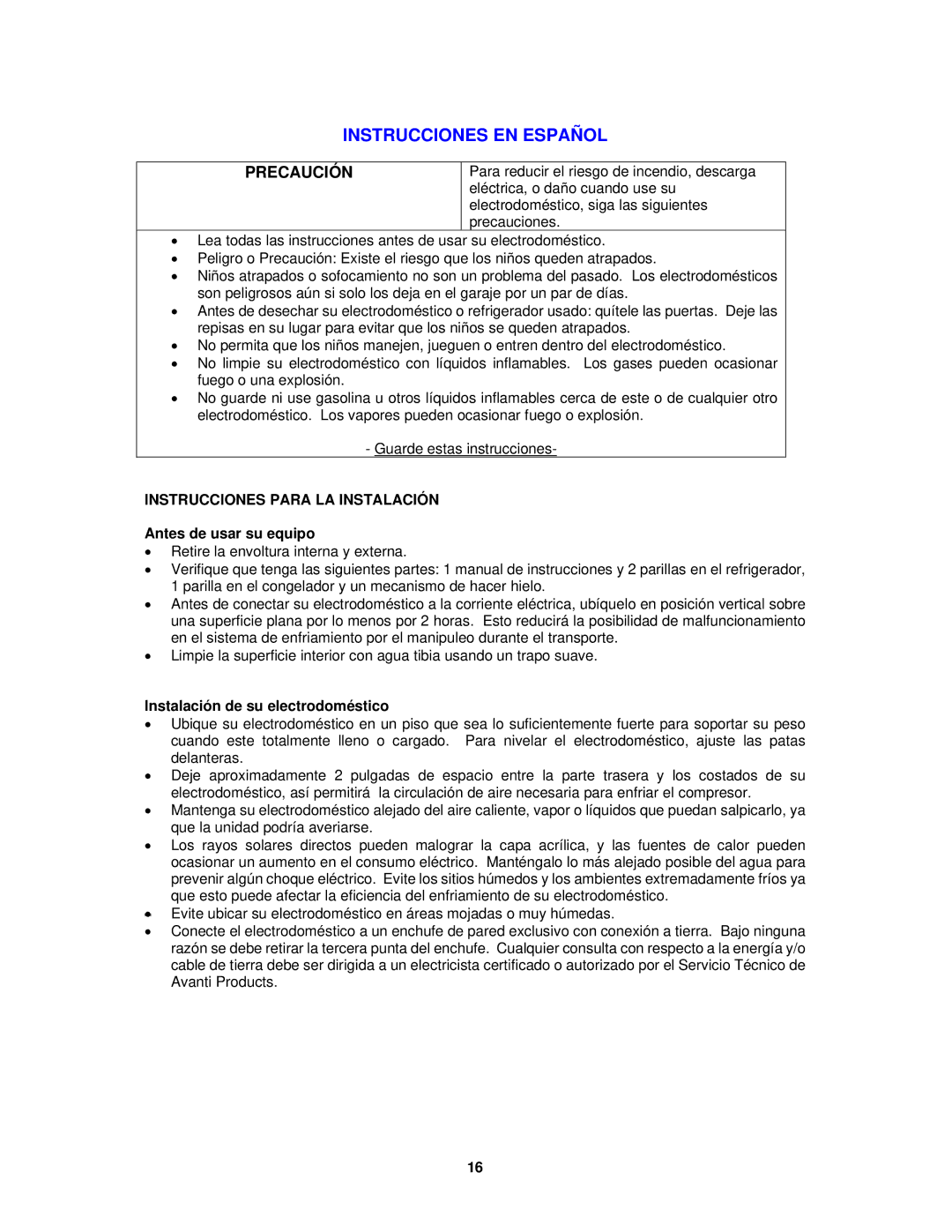 Avanti FF761PS, FF760W Instrucciones EN Español, Instrucciones Para LA Instalación, Antes de usar su equipo 