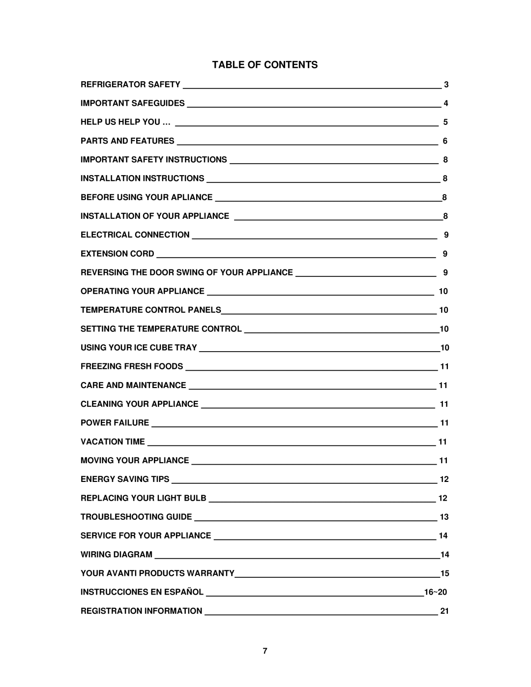 Avanti FF760W, FF761PS instruction manual Table of Contents 