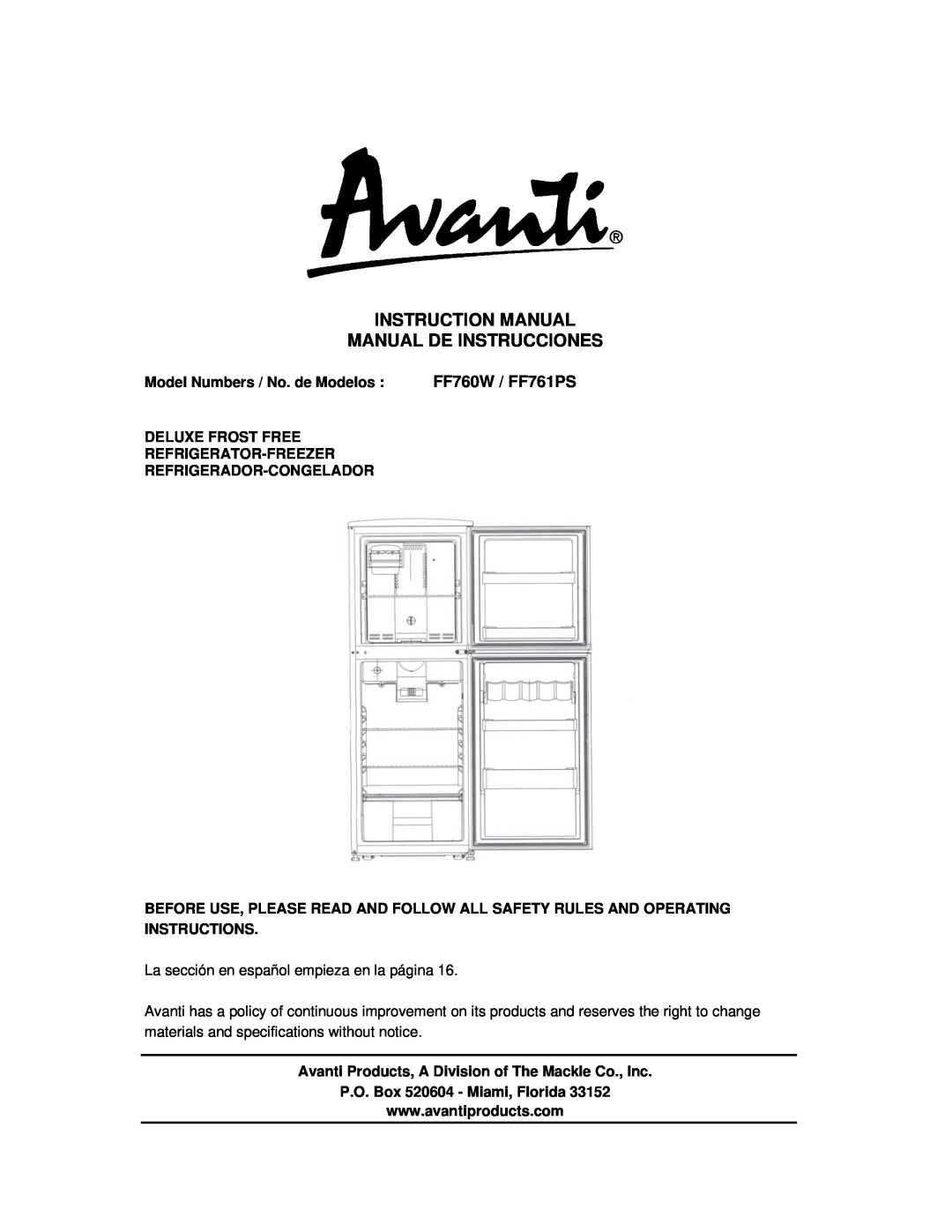 Avanti instruction manual Model Numbers / No. de Modelos, FF760W / FF761PS, Deluxe Frost Free Refrigerator-Freezer 
