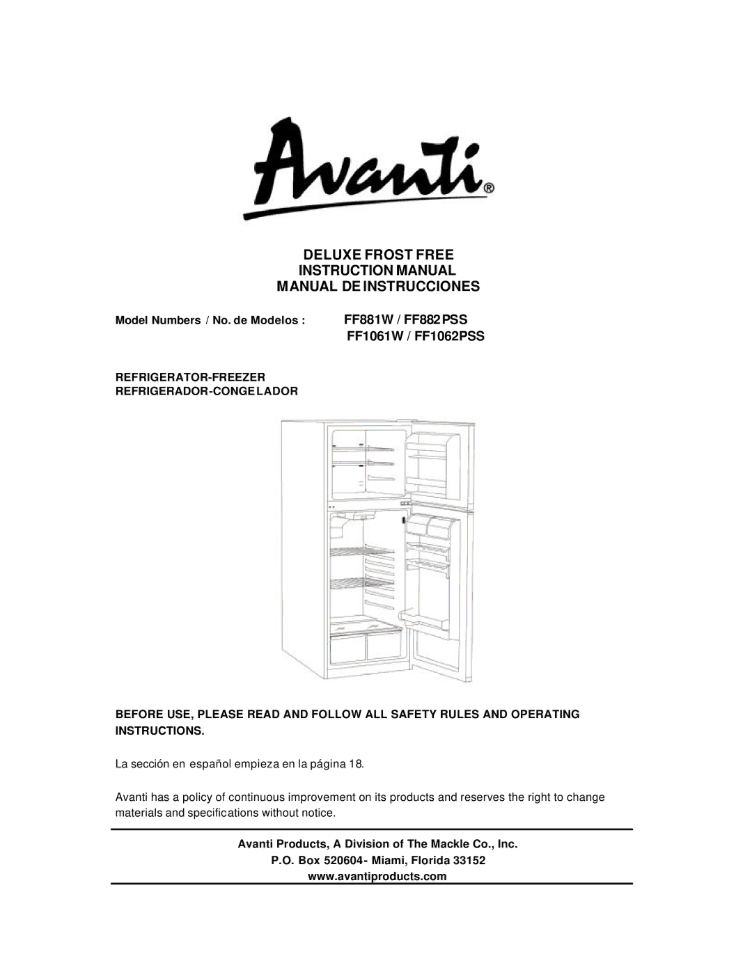 Avanti FF1062PSS, FF881W instruction manual Deluxe Frost Free Manual DE Instrucciones, Model Numbers / No. de Modelos 