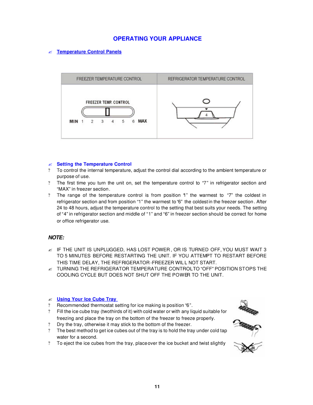 Avanti FF882PSS, FF881W, FF1062PSS instruction manual Operating Your Appliance, ? Using Your Ice Cube Tray 