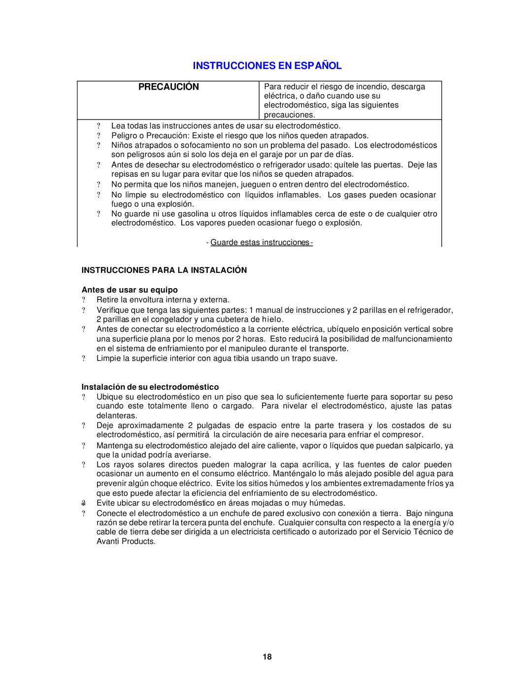 Avanti FF881W, FF1062PSS, FF882PSS Instrucciones EN Español, Instrucciones Para LA Instalación, Antes de usar su equipo 