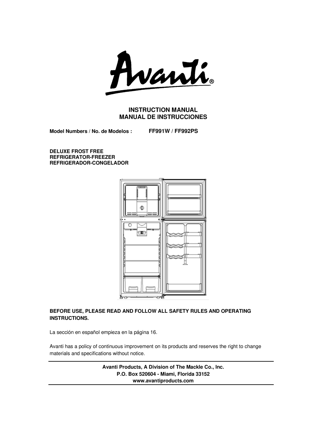 Avanti instruction manual Manual DE Instrucciones, Model Numbers / No. de Modelos FF991W / FF992PS 