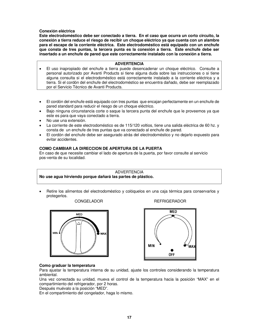 Avanti FF992PS instruction manual Conexión eléctrica, Advertencia, Como Cambiar LA Direccion DE Apertura DE LA Puerta 