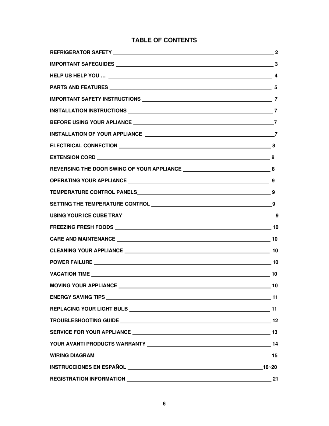 Avanti FF992PS instruction manual Table of Contents 