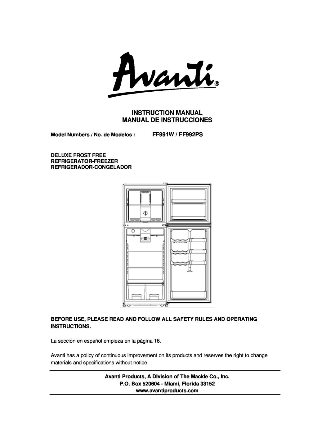 Avanti instruction manual Model Numbers / No. de Modelos, FF991W / FF992PS, Deluxe Frost Free Refrigerator-Freezer 