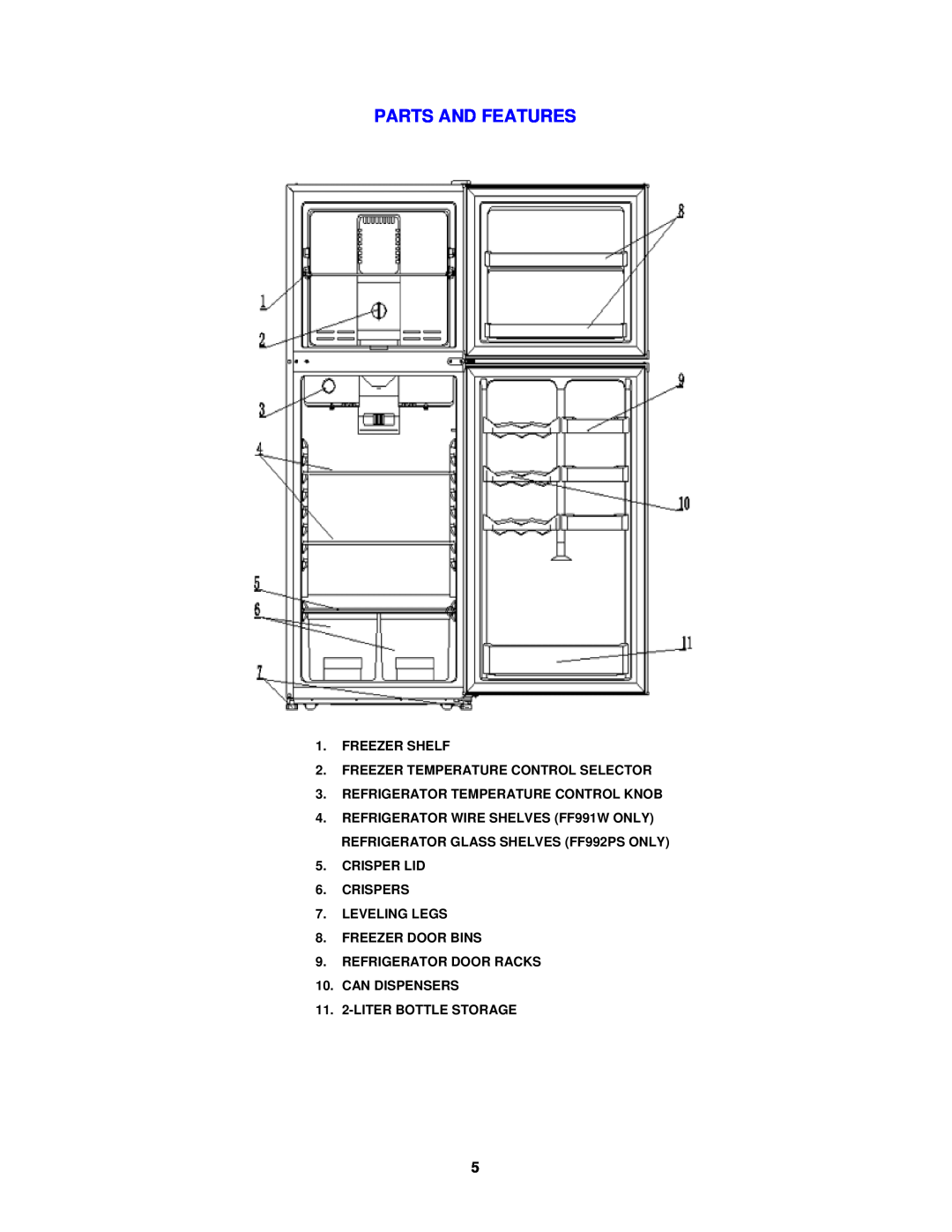 Avanti FF992PS instruction manual Parts And Features, Freezer Shelf, Freezer Temperature Control Selector 