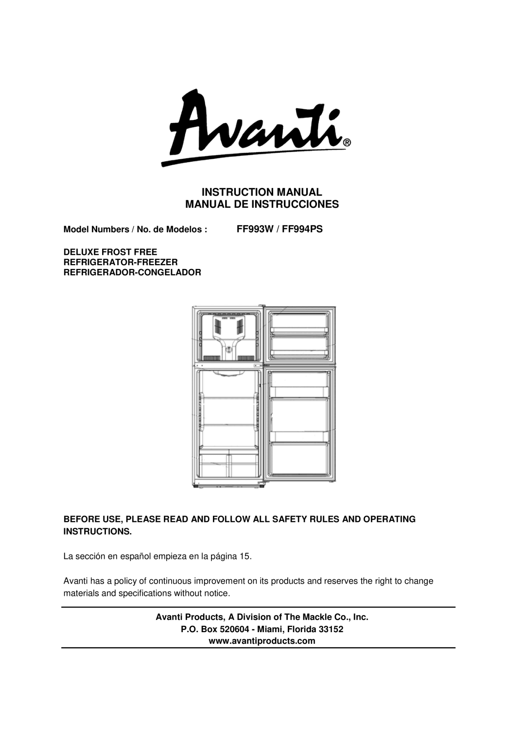 Avanti FF993W, FF994PS instruction manual Manual DE Instrucciones, Model Numbers / No. de Modelos 